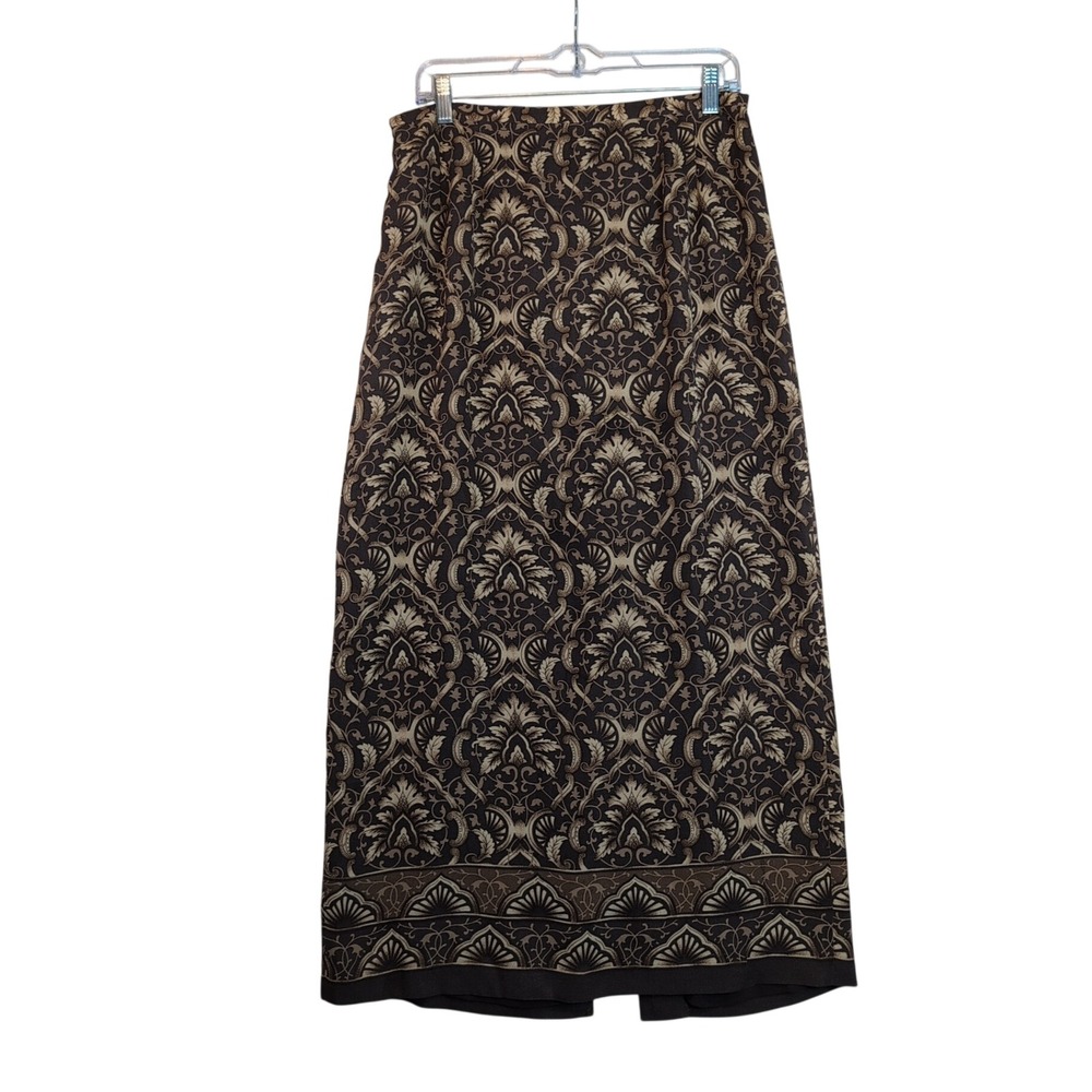 Talbots Vintage 100% Silk Paisley Maxi Skirt Brown Tan Sz 12 Retro Chic Office